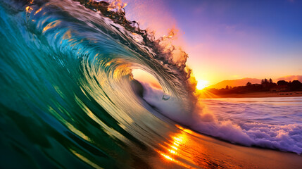 Colorful splashing ocean wave with the sun in the background