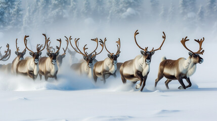Reindeer Herd In The Snow Winter