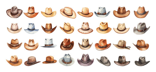 Male hats cowboy style collection. Cowboys head accessories, wild west hat watercolor set. Isolated fashion icons, vector clipart - obrazy, fototapety, plakaty