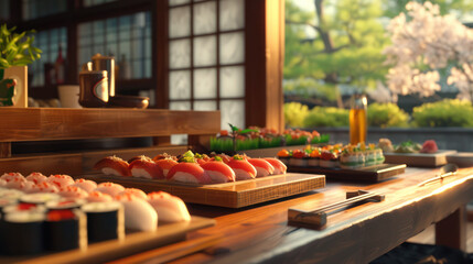 Illustration of a kitchen table in Japan with three plates with sushi and other types of food and a fairy tale nature through a large window on the side