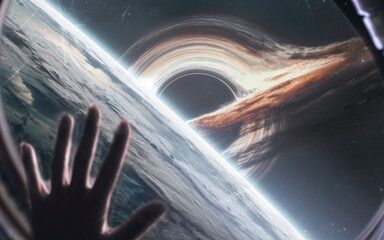 3D illustration of a giant black hole is preparing to swallow planet Earth. High quality digital...
