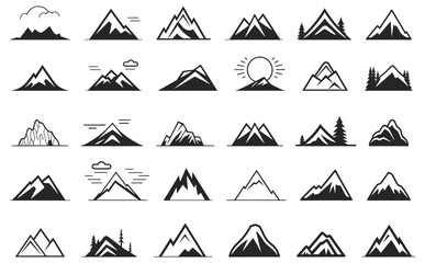 Mountains simple icons. Mountain rocks black pictograms, peaks for winning progress motivation achievment career success leadership design - obrazy, fototapety, plakaty