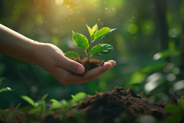 The image captures a young plant in the hands of a person, symbolizing care and growth. 