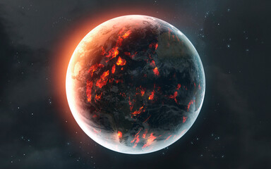 3D illustration of The last seconds of the planet Earth dying in fire, fire and lava across the...