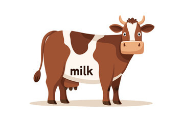 Brown cow with word milk. Cute farm pet. Young cow with dairy udder, milk. Vector ai flat isolated illustration