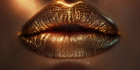 Close up of woman lips, face covered with golden paint, makeup and beauty concept.