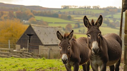 Two donkeys in a pastoral farm setting with an old barn and rolling hills in the background