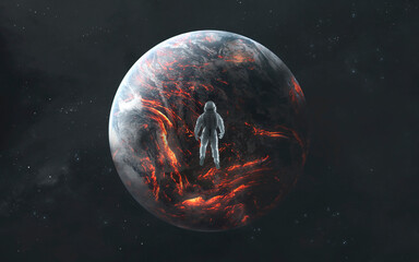 3D illustration of An astronaut watches the destruction of planet Earth in flames. High quality...