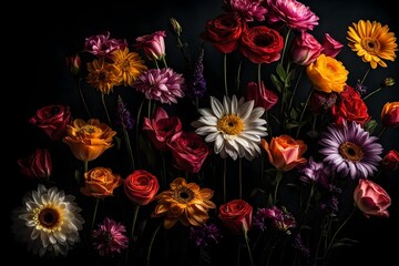 Fototapeta na wymiar A Captivating Presentation of Lively Flowers Arranged upon a Table, Their Vibrant Hues Illuminating the Solid Black Backdrop. Each Petal and Stem Immortalized in Exquisite Detail by the Precision of a