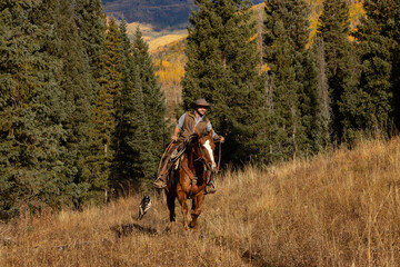 Cowboy riding sorrel quarter horse in Mountains