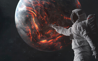 3D illustration of An astronaut watches as the entire planet Earth burns in fire, lava covers the...