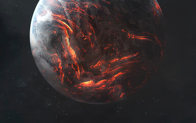 3D illustration of Planet Earth is destroyed by flames and explosions, the surface is covered with lava. High quality digital space art in 5K - ultra realistic visualization.