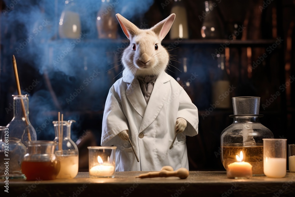 Poster a rabbit dressed as a scientist in a lab coat. generative ai.