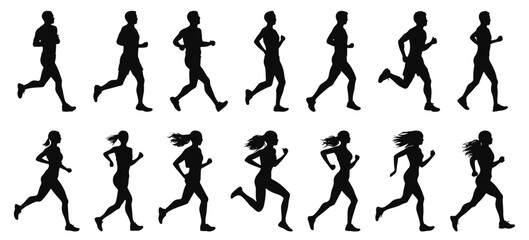 Running men and women black silhouettes. Isolated runners on white, sports champion silhouette set, healthy sporting marathon male and female outlines