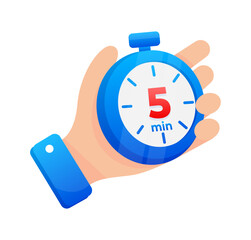 Hand firmly gripping a blue stopwatch set to 5 minutes, with a prominent red highlight on the timer