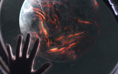 3D illustration of An astronaut watches as the entire planet Earth burns in fire, lava covers the...