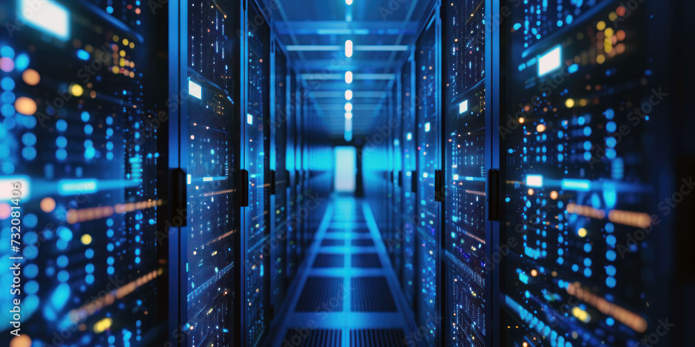 Poster futuristic data center. rows of server racks with illuminated blue lights. concept of data processin