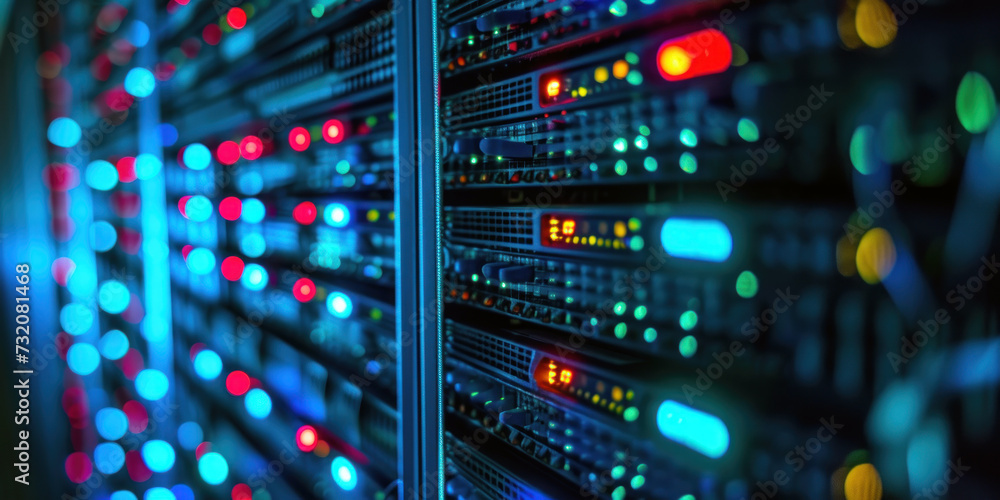 Poster futuristic data center. rows of server racks with illuminated blue lights. concept of data processin