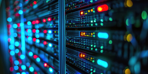 Futuristic data center. Rows of server racks with illuminated blue lights. Concept of data processing - obrazy, fototapety, plakaty