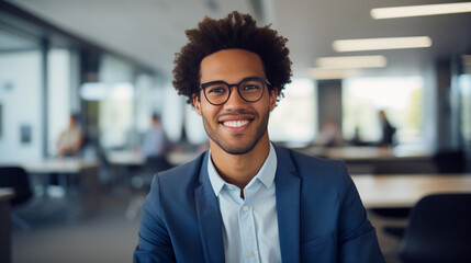 African american young man standing, office worker, smiling, businessman