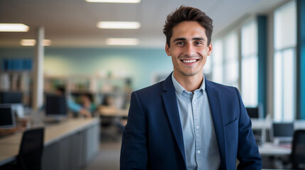 Young man standing, office worker, smiling, businessman