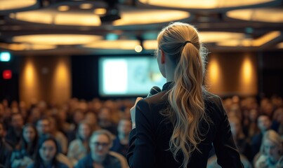 Backview of blonde female long hair with ponytail motivational speaker or coach in front of her conference meeting audience half turned with microphone in her hand - obrazy, fototapety, plakaty