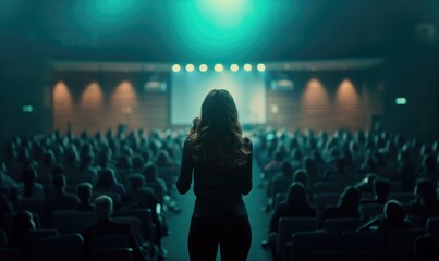 Backview of female brunette long curly hair motivational speaker in front of her conference meeting audience - obrazy, fototapety, plakaty