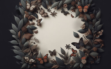 Frame surrounded by leaves, birds, flowers, decorated with dark tones of nature.