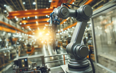 Robot arm, modern manufacturing facility Conveyors and machinery controlled by AI systems Factory production robots