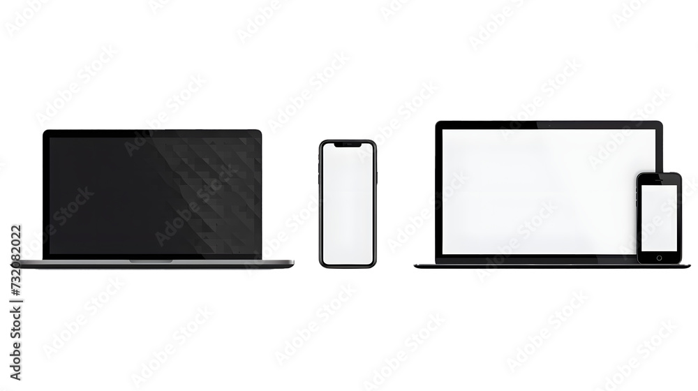 Sticker Realistic devices mockup set : Isolated smartphone telephone, laptop computer, tablet, monoblock monitor, on white background