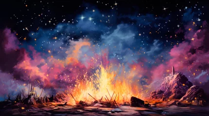 Foto op Canvas A dramatic vista of an erupting volcano under a starlit sky, conveying a scene of natural power and celestial tranquility coexisting with dynamic earth forces. © stateronz