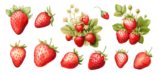 Strawberry, berries, bush and flowers. Strawberries bushes watercolor isolated elements. Garden plants, sweet seasonal berry. Fresh food vector set