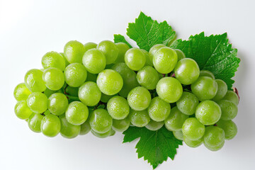 Bunch of Green Grapes With Leaves on a White Background A cluster of green grapes, complete with leaves, arranged neatly on a white background.