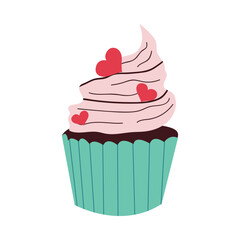 Cute cupcake. Cake in hand drawn style. Capcake with decoration in the form of hearts.  Vector illustration with white isolated background. 