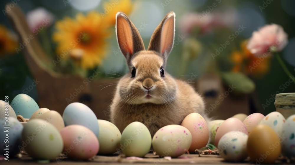 Poster a rabbit is surrounded by colorful eggs. generative ai.