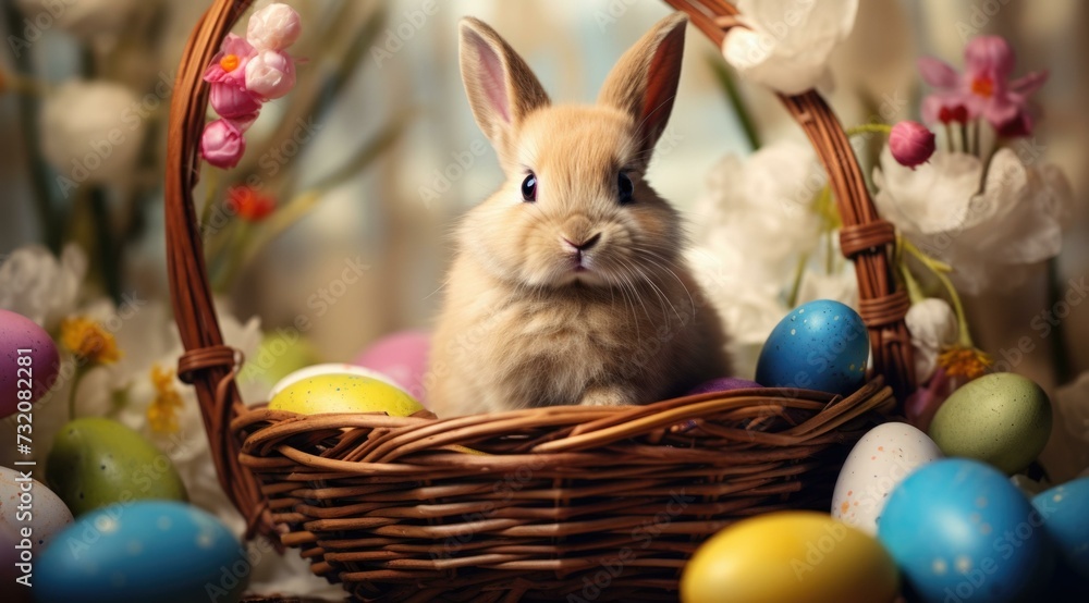 Aufkleber a small rabbit is sitting in a basket with colorful eggs. generative ai.
