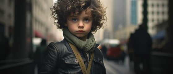 Fototapeta premium A young boy with curly hair and a leather jacket. Generative AI.