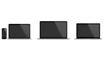 Realistic devices mockup set : Isolated smartphone telephone, laptop computer, tablet, monoblock monitor, on white background