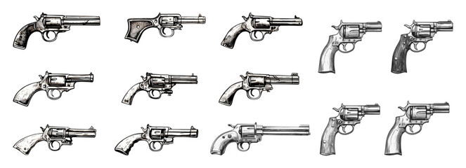 Vintage guns sketch objects. Isolated gun, revolver, colt. Wild west cowboy weapons collection. Self-defense and crime, retro decorative vector elements - obrazy, fototapety, plakaty