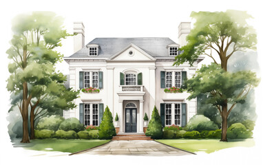Watercolor illustration of luxury house in suburban