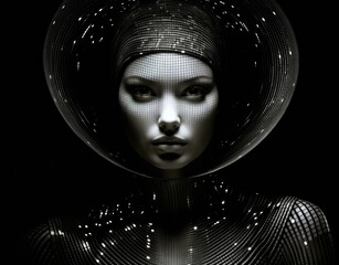 A woman in a futuristic suit with a black background. Generative AI.