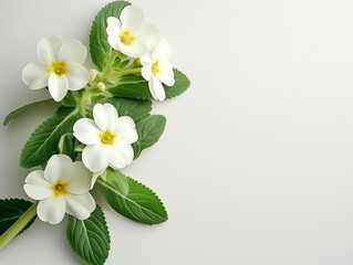 Fleurs sur fond blanc : vision minimaliste d'une primevère de printemps - obrazy, fototapety, plakaty