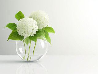 Fleurs sur fond blanc : vision minimaliste d'un hortensia dans un vase en verre rond - obrazy, fototapety, plakaty