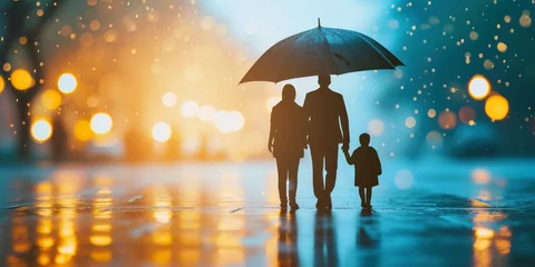 Fotobehang Silhouette of a family walking in the rain with an umbrella © BraveSpirit