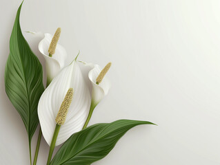 Fleurs sur fond blanc : vision minimaliste de fleur de lune ou fleur éponge (spathiphyllum torelli alias peace lily) - obrazy, fototapety, plakaty
