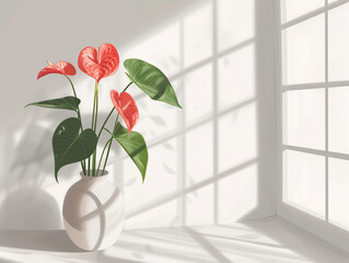Fleurs sur fond blanc : vision minimaliste d'anthurium - obrazy, fototapety, plakaty