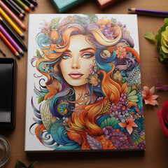 Mock-up of a Coloring Book Featuring a Young Woman with Beautiful Colorful Flowers in Her Hair