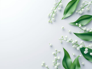 Fleurs sur fond blanc : vision minimaliste d'une plusieurs brins de muguet - obrazy, fototapety, plakaty