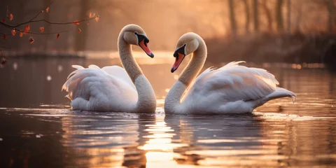 Küchenrückwand glas motiv Two swans at sunrise or sunset, photo for poster. Romantic photo for Valentine's Day. Generative AI © 22_monkeyzzz