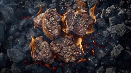 beef T-bone steaks grilling over hot BBQ coals, featuring porterhouse steak or T-bone steak varieties,ideal for restaurant menus or cookbook recipes